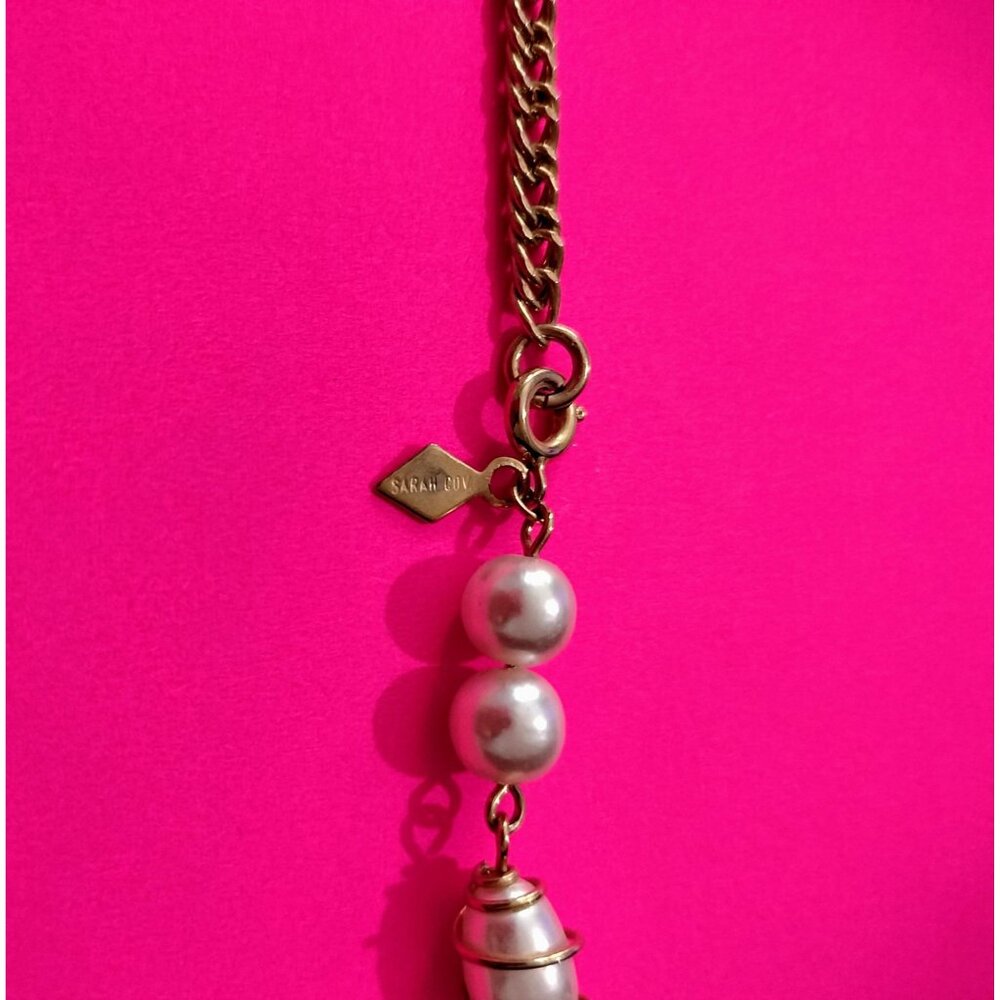 Sarah Coventry Vintage Gold Tone Chain Faux Pearl Pendant Long Necklace Jewelry - Picture 8 of 16